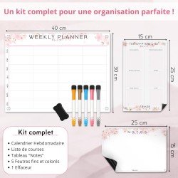 Calendrier Magnétique Frigo Sakura | Pack 3 : Tableau Semainier, Liste de Courses, Pense-Bête | Organisateur Familial | Planning
