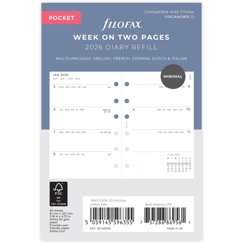Filofax Agenda 2026 de poche 26-68290 avec semaine sur deux pages
