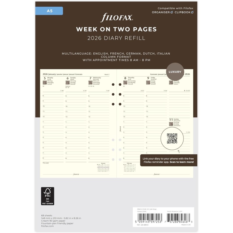 Filofax Agenda 2026 semainier sur 2 pages format colonne 5 langues Coton crème 26-68513