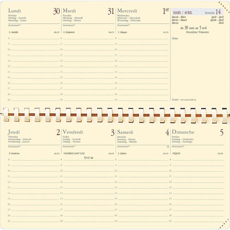 Quo Vadis - Recharge Pour Agenda Planital en Spirale - Mi-Décembre 2025 à Décembre 2026 - Taille : 8.8 x 17 cm