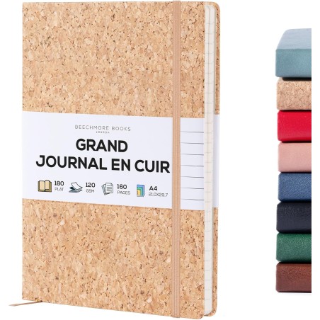 Beechmore Books Carnet de Notes Lignées - XL A4 Style de liège Journal Couverture Rigide Premium Cuir Vegan, Papier Ligné Crème 
