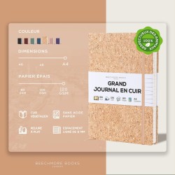 Beechmore Books Carnet de Notes Lignées - XL A4 Style de liège Journal Couverture Rigide Premium Cuir Vegan, Papier Ligné Crème 