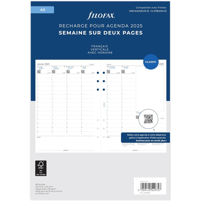 Filofax A5 1 semaine sur 2 pages vertical français 2025