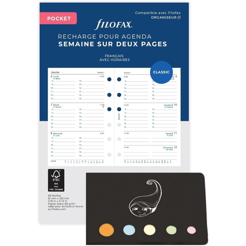 Blumie Shop Filo Recharge Civile 2026 Pocket Grille Horizontale Français 1 Semaine Sur 2 Pages Compatible Avec Filofax + 1 Index