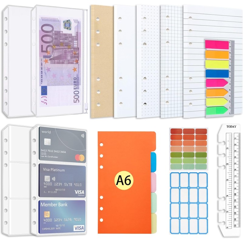 Ensemble de recharges de papier A6 6 trous Notes autocollantes rechargeables A6 100 feuilles/200 pages Intercalaires colorés Règ