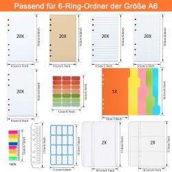 Ensemble de recharges de papier A6 6 trous Notes autocollantes rechargeables A6 100 feuilles/200 pages Intercalaires colorés Règ