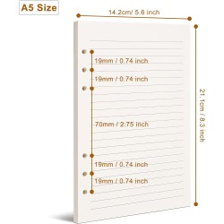 Recharge de papier ligné a5, 6 trous pour agenda filofax a5, feuilles mobiles lignées de 8 mm, 80 feuilles/160 pages, 14 x 21 cm