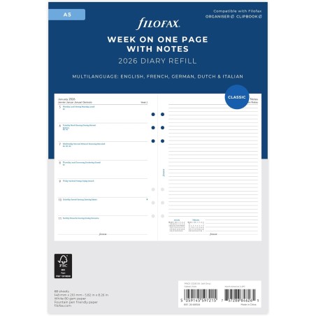 Filofax Agenda 2026 semainier A5 avec notes 5 langues 26-68509