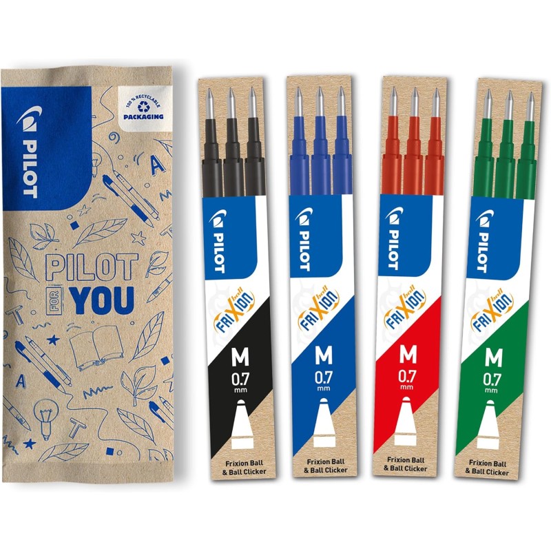 PILOT - 4 Etuis de 3 Recharges pour stylo effaçable. Compatibles FriXion Ball et FriXion Ball Clicker - Noir, Bleu, Rouge, Vert 