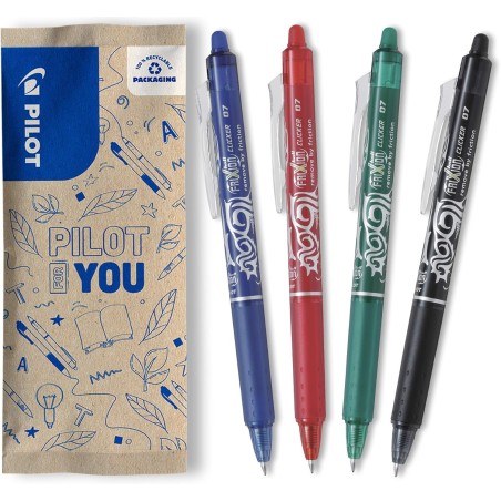 PILOT - 4 FriXion Ball Clicker - Encre Gel Effaçable - Stylo Roller Rechargeable, Rétractable et Ergonomique - Noir, Bleu, Rouge
