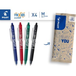 PILOT - 4 FriXion Ball Clicker - Encre Gel Effaçable - Stylo Roller Rechargeable, Rétractable et Ergonomique - Noir, Bleu, Rouge