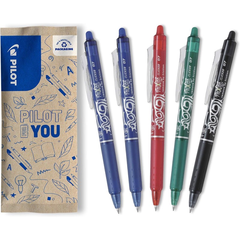 PILOT - Lot de 5 Frixion Ball Clicker - Stylo rétractable effaçable à encre thermosensible - Stylo roller rechargeable et ergono