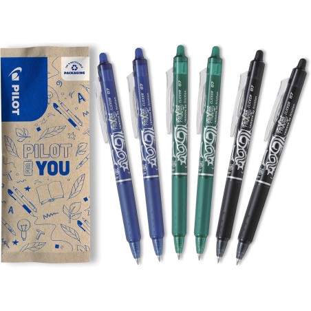 Pilot - Lot de 6 FriXion Ball Clicker 0, 7 - Roller effaçable - 2 Bleus, 2 Verts, 2 Noirs - Pointe moyenne