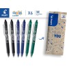 Pilot - Lot de 6 FriXion Ball Clicker 0, 7 - Roller effaçable - 2 Bleus, 2 Verts, 2 Noirs - Pointe moyenne