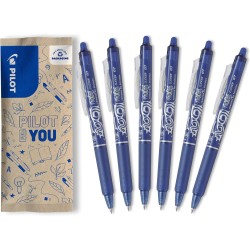 PILOT - 6 FriXion Ball Clicker - Encre Gel Effaçable - Stylo Roller Rechargeable, Rétractable et Ergonomique - Bleu - Pointe moy