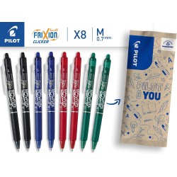 PILOT - 8 Frixion Ball Clicker - Encre Gel Effaçable - Stylo Roller Rechargeable, Rétractable et Ergonomique - 2 Noirs, 2 Bleus 