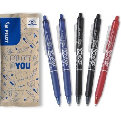 PILOT - Lot de 5 Stylos Roller FriXion Ball Clicker- Stylo Gel Roller Effaçable - Pointe Moyenne, Plastique, 2 Noirs, 2 Bleus, R