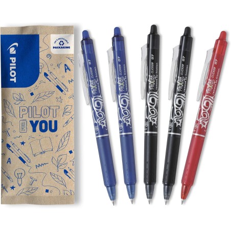 PILOT - Lot de 5 Stylos Roller FriXion Ball Clicker- Stylo Gel Roller Effaçable - Pointe Moyenne, Plastique, 2 Noirs, 2 Bleus, R