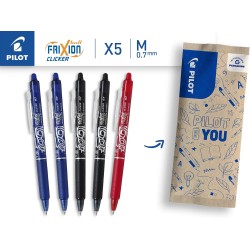 PILOT - Lot de 5 Stylos Roller FriXion Ball Clicker- Stylo Gel Roller Effaçable - Pointe Moyenne, Plastique, 2 Noirs, 2 Bleus, R