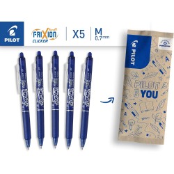 PILOT - 5 FriXion Ball Clicker - Encre Gel Effaçable - Stylo Roller Rechargeable, Rétractable et Ergonomique - Bleu - Pointe moy