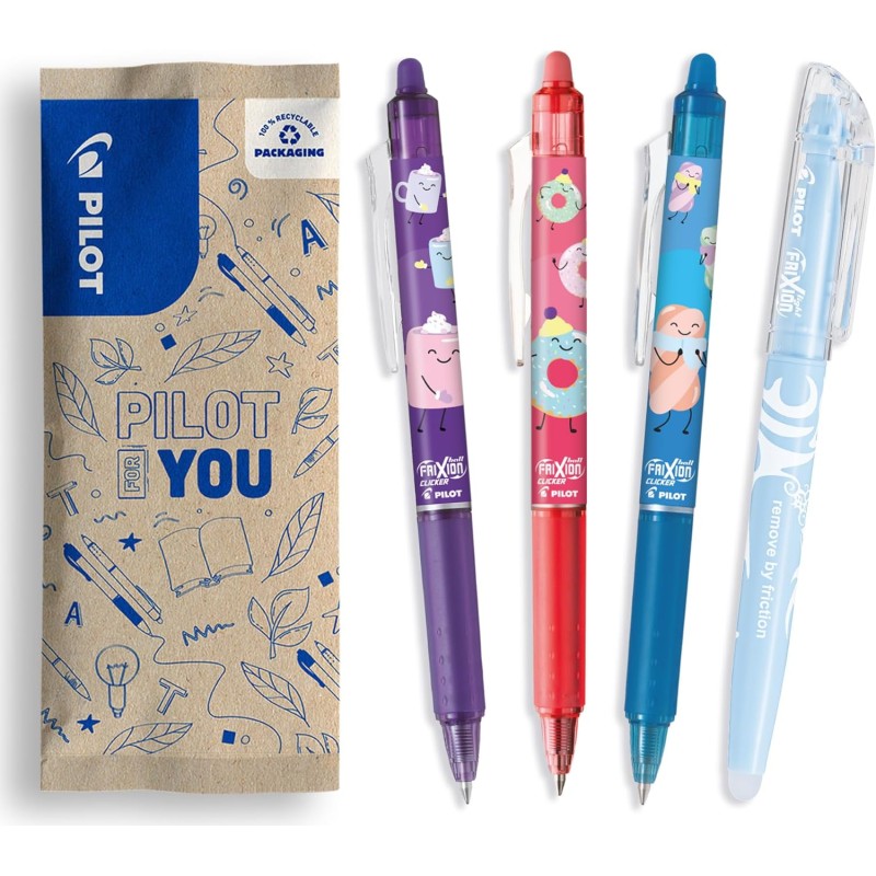 PILOT - Lot de 3 Frixion Ball Clicker + 1 Surligneur FriXion Light - Stylos Effaçables - Édition Limitée Sweet Paradise - Roller