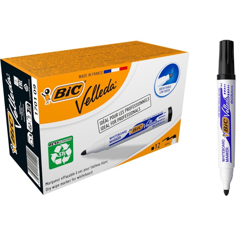 BIC Velleda 1701 ECOlutions Feutres pour Tableau Blanc Effaçables à Sec (Parfait pour l'Ecole et au Bureau / Pointe Conique Larg