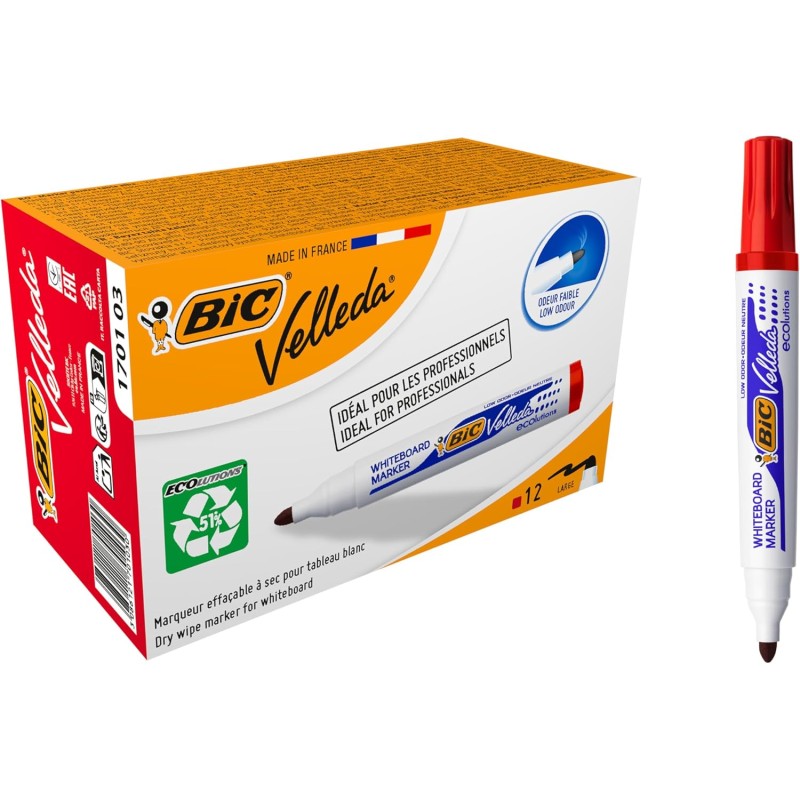 BIC Velleda 1701 ECOlutions Feutres pour Tableau Blanc Effaçables à Sec à Pointe Conique Moyenne - Rouge, Boîte de 12