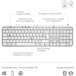 Logitech mx keys s clavier sans fil rechargeable usb c, clavier silencieux, rétroéclairé, touches ergonomiques et programmables,
