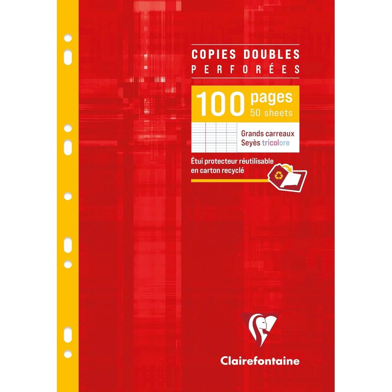 Clairefontaine 4721C Un Étui de Copies Doubles Perforées - A4 21x29,7 cm - 100 Pages Grands Carreaux - Papier Blanc 90 g - Étui 