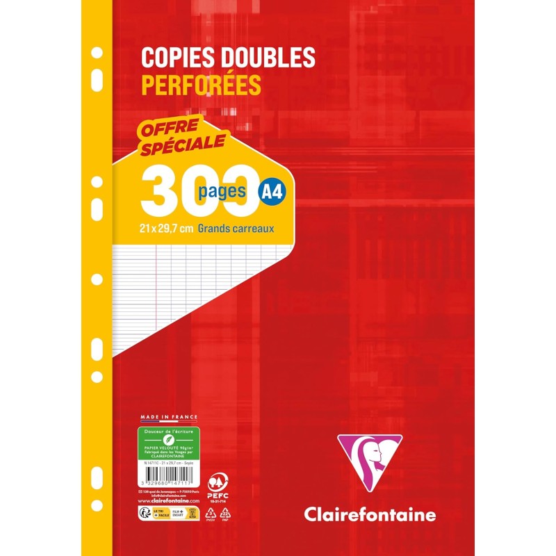 Clairefontaine 14711C Un Paquet de Copies Doubles Perforées sous Film - A4 21x29,7 cm - 300 Pages Grands Carreaux - Papier Blanc