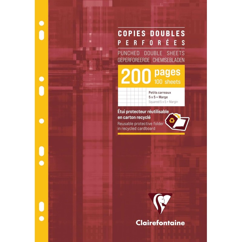 Clairefontaine 47122C Un Étui de Copies Doubles Perforées - A4 21x29,7 cm - 200 Pages Petits Carreaux avec Marge - Papier Blanc 