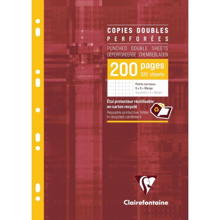 Clairefontaine 47122C Un Étui de Copies Doubles Perforées - A4 21x29,7 cm - 200 Pages Petits Carreaux avec Marge - Papier Blanc 