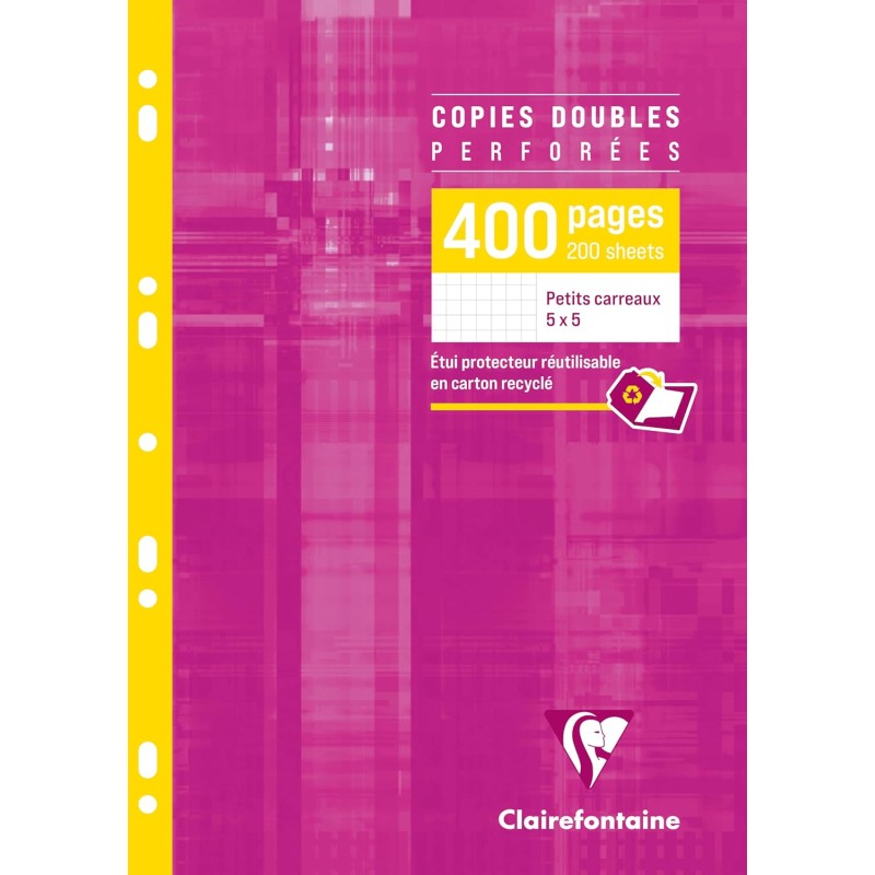 Clairefontaine 4792C Un Étui de Copies Doubles Perforées - A4 21x29,7 cm - 400 Pages Petits Carreaux - Papier Blanc 90 g - Étui 