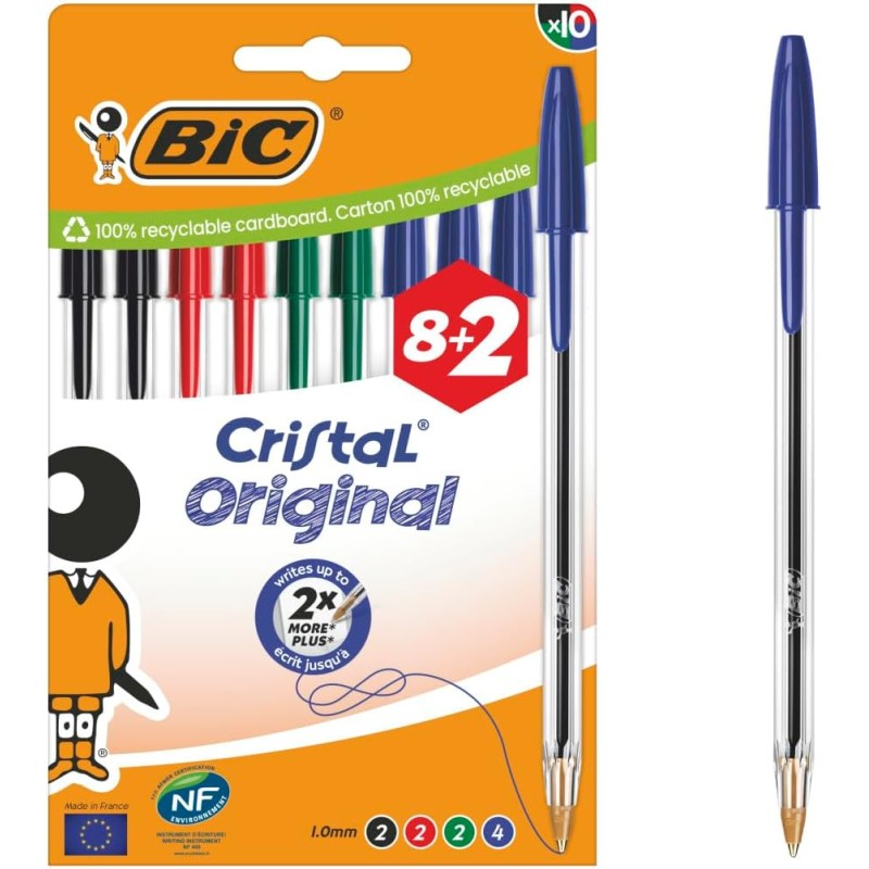Bic Cristal Original Stylos à pointe moyenne (1,00 mm) avec bouchon et capuchon assorti - Couleurs assorties - Boîte de 8+2