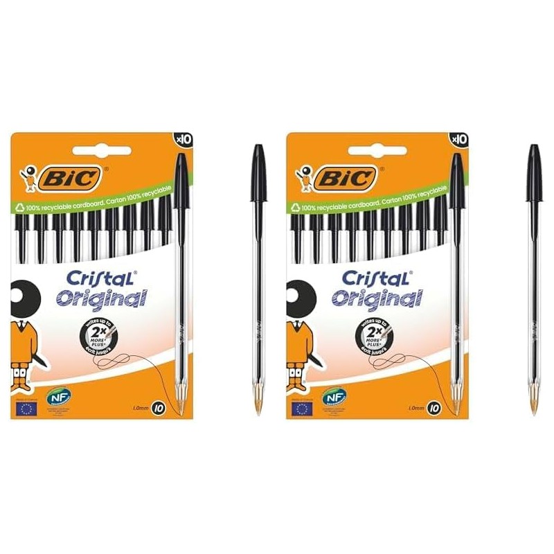 BIC Cristal Original Stylos-Bille Pointe Moyenne (1,0 mm) - Parfait pour l'Ecole et au Bureau - Noir, Boîte carton de 10 (Lot de