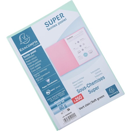 Exacompta - Réf. 850004E - Paquet de 250 sous-chemises SUPER 60 g/m2 aux couleurs pastel - sous chemises certifiées PEFC - dimen