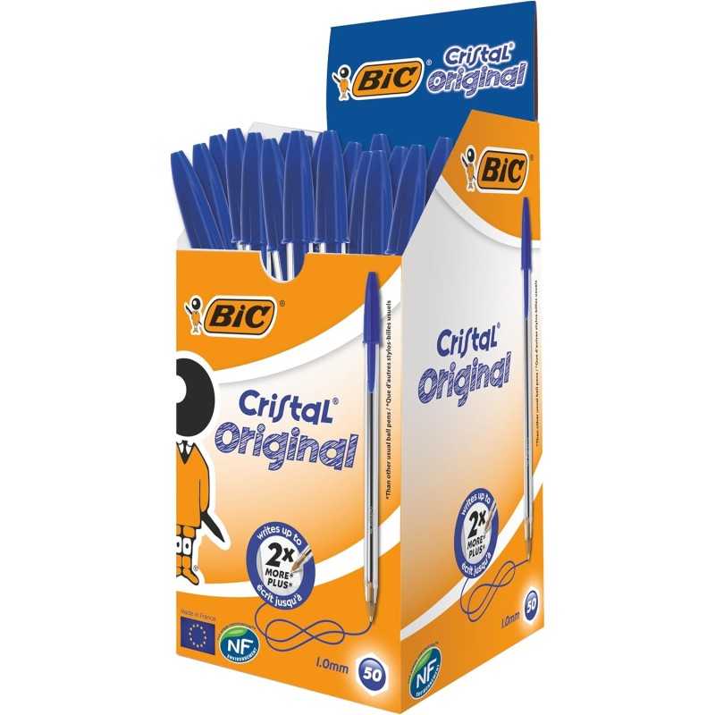 BIC Cristal Original Stylos-Bille Pointe Moyenne (1,0 mm)- Parfait pour l'Ecole et au Bureau) - Bleu, Boîte de 50