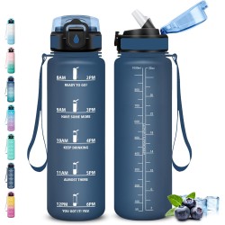 Gourde- 1l- Gourde Sport Anti-Fuite, Gourdes Paille pour Musculation, Gourdes Graduée avec Marqueur de Temps, Gourd Motivation, 
