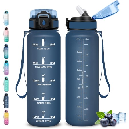 Gourde- 1l- Gourde Sport Anti-Fuite, Gourdes Paille pour Musculation, Gourdes Graduée avec Marqueur de Temps, Gourd Motivation, 
