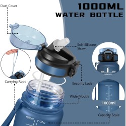Gourde- 1l- Gourde Sport Anti-Fuite, Gourdes Paille pour Musculation, Gourdes Graduée avec Marqueur de Temps, Gourd Motivation, 