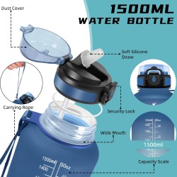 Gourde 1.5L, Gourde Sport avec Paille, Gourdes Motivation avec Marqueur de Temps, Gourdes de Camping et Randonnée anti Fuite, Fa