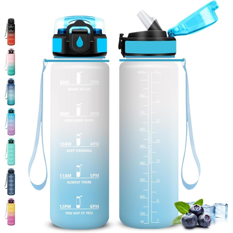 Gourde 1l, Gourde Sport avec Paille, Gourdes Motivation avec Marqueur de Temps, Gourdes Reutilisable anti Fuite, Gourd Randonnée