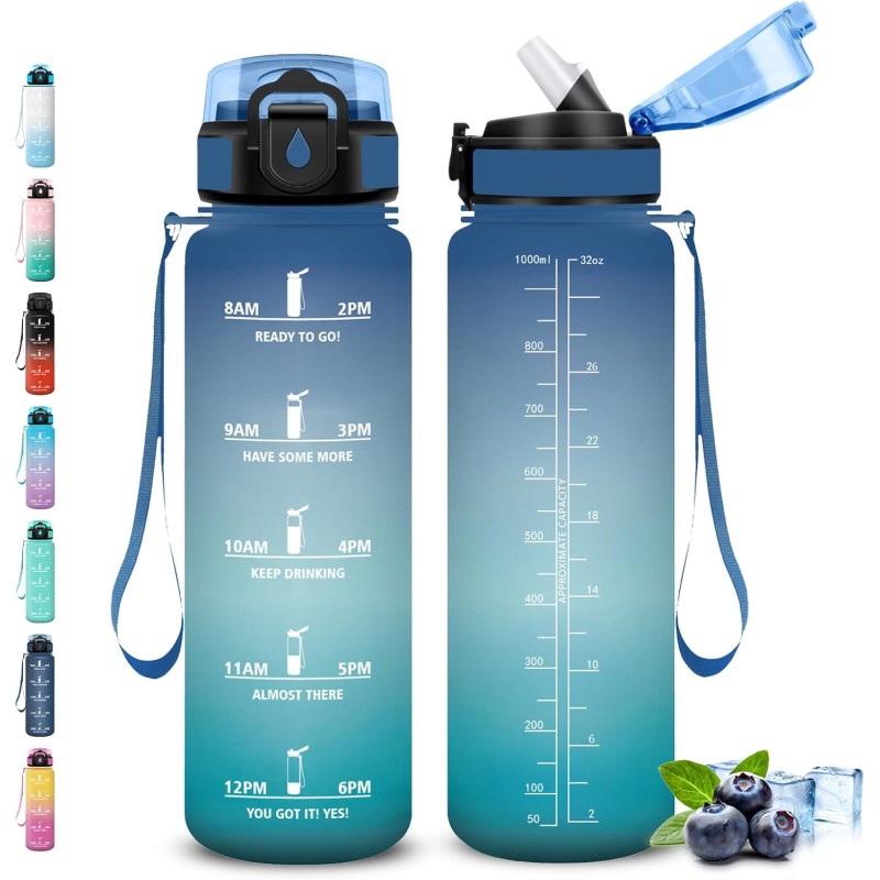 Gourde 1l, Gourde Sport pour Adulte, Gourdes avec Paille Anti-Fuite, Gourd Motivation, avec Slogan de Motivation, Gourdes de Cam