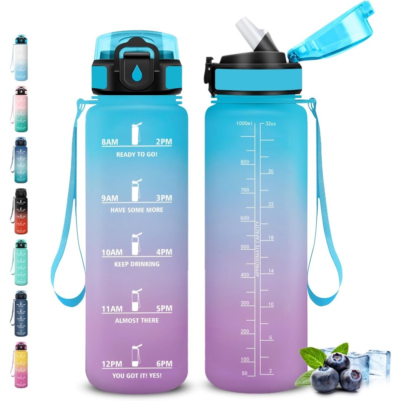 Gourde, Gourde 1l avec Paille, Gourdes Sport, anti Fuite, Gourdes Graduée avec Slogan de Motivation, Gourd Motivation, Facile à 