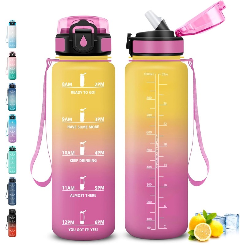 Gourde 1l, Gourde Sport Anti-Fuite, Gourdes avec Paille pour Randonnée, Gourdes Motivation avec Marqueur de Temps, Gourd Adulte,