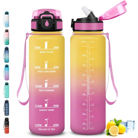 Gourde 1l, Gourde Sport Anti-Fuite, Gourdes avec Paille pour Randonnée, Gourdes Motivation avec Marqueur de Temps, Gourd Adulte,