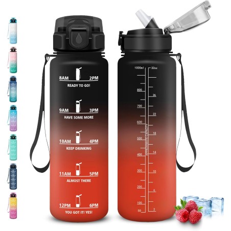 Grsta Gourde 1l, Gourde Sport, Gourdes avec Paille, Facile à Nettoyer, Gourdes Randonnée, avec Marqueur de Temps, Gourd Plastiqu