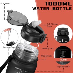 Grsta Gourde 1l, Gourde Sport, Gourdes avec Paille, Facile à Nettoyer, Gourdes Randonnée, avec Marqueur de Temps, Gourd Plastiqu
