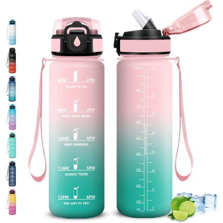 Gourde, Gourde 1l, Anti-Fuite, Gourdes Sport avec Paille, Gourdes Reutilisable avec Slogan de Motivation, Facile à Transporter, 