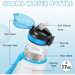 Gourde, 500ml Gourde Enfant, Gourdes Paille anti Fuite, Gourdes Graduée avec Marqueur de Temps, Gourd Sport pour Garçons&Filles,